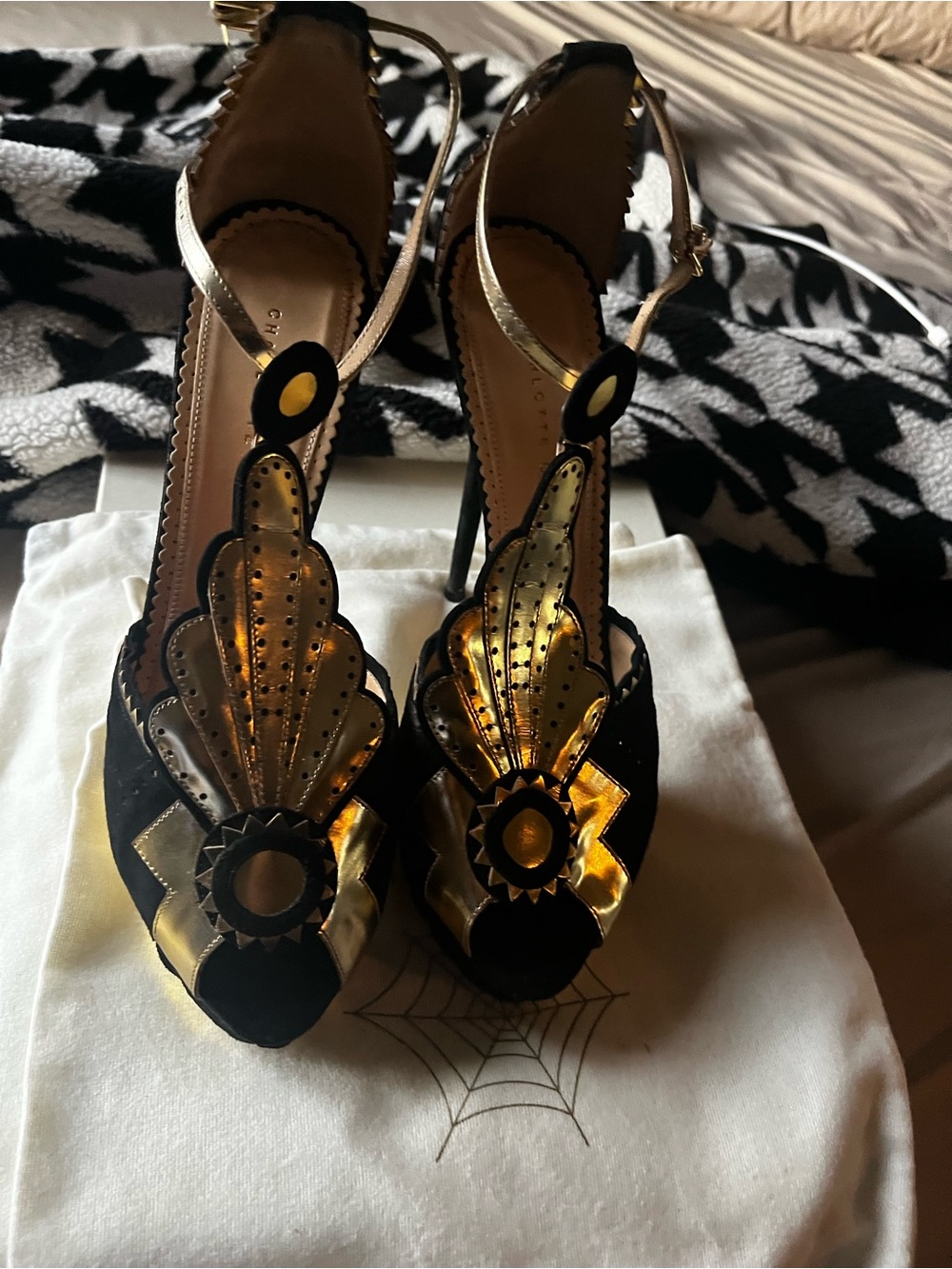 Charlotte Olympia Black and Gold Embellished T-Strap Heels